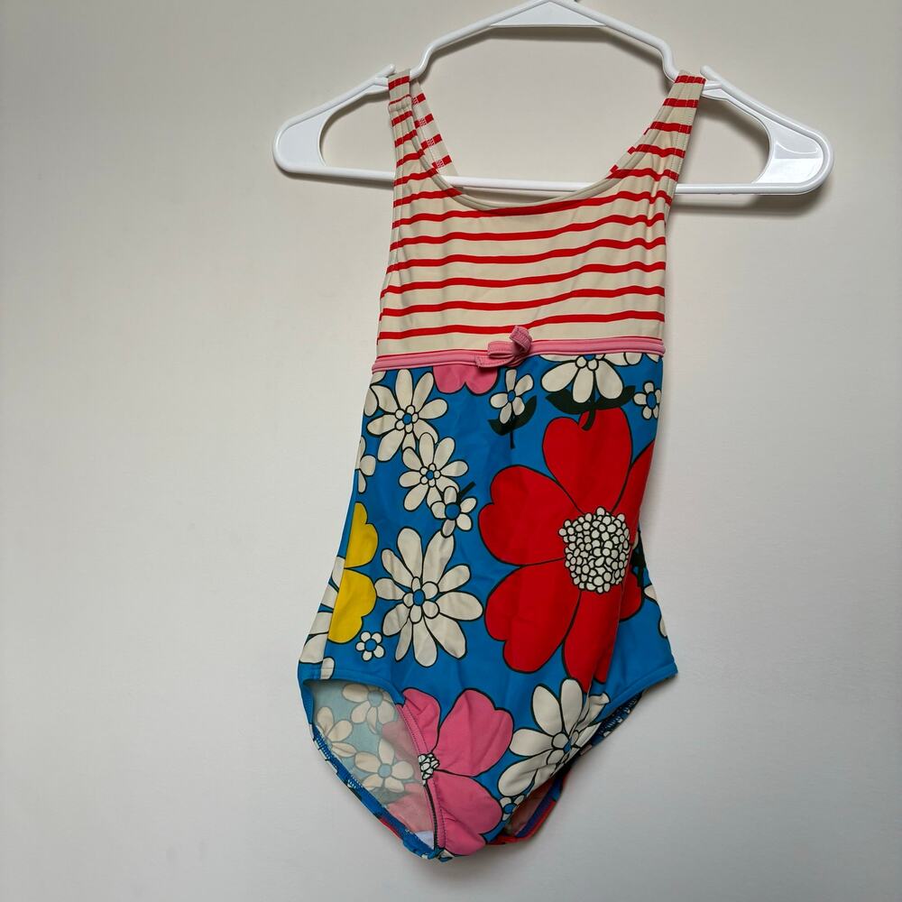 Mini Boden Girls One Piece Swimsuit Floral Stripe Pink Blue Size 9-10Y